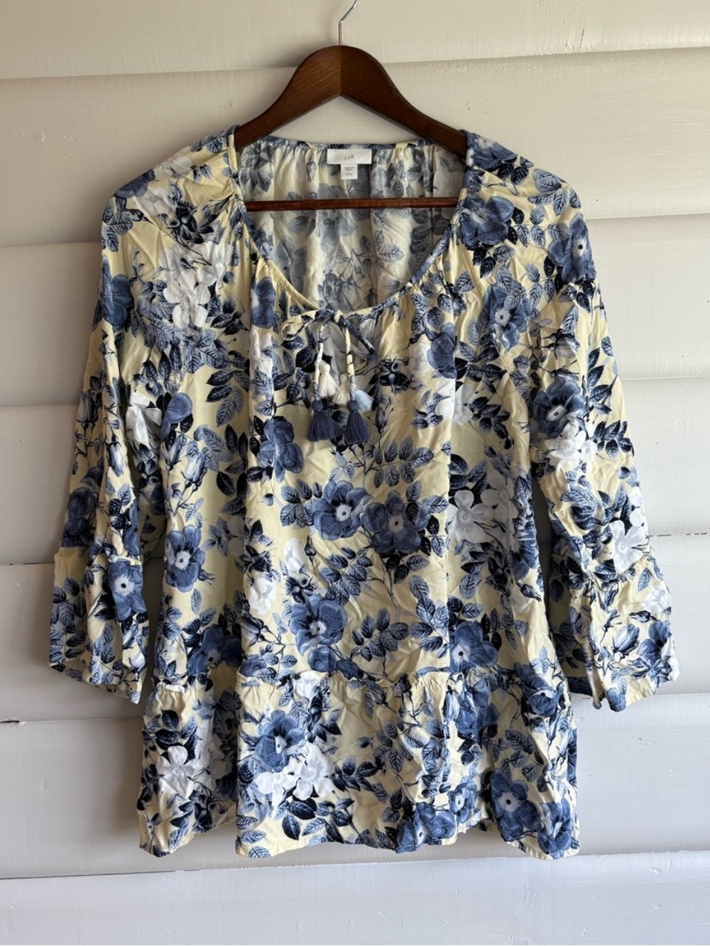 J.Jill Blue Floral Boho Peasant Top 100% Viscose Tassel Tie Petite Large L